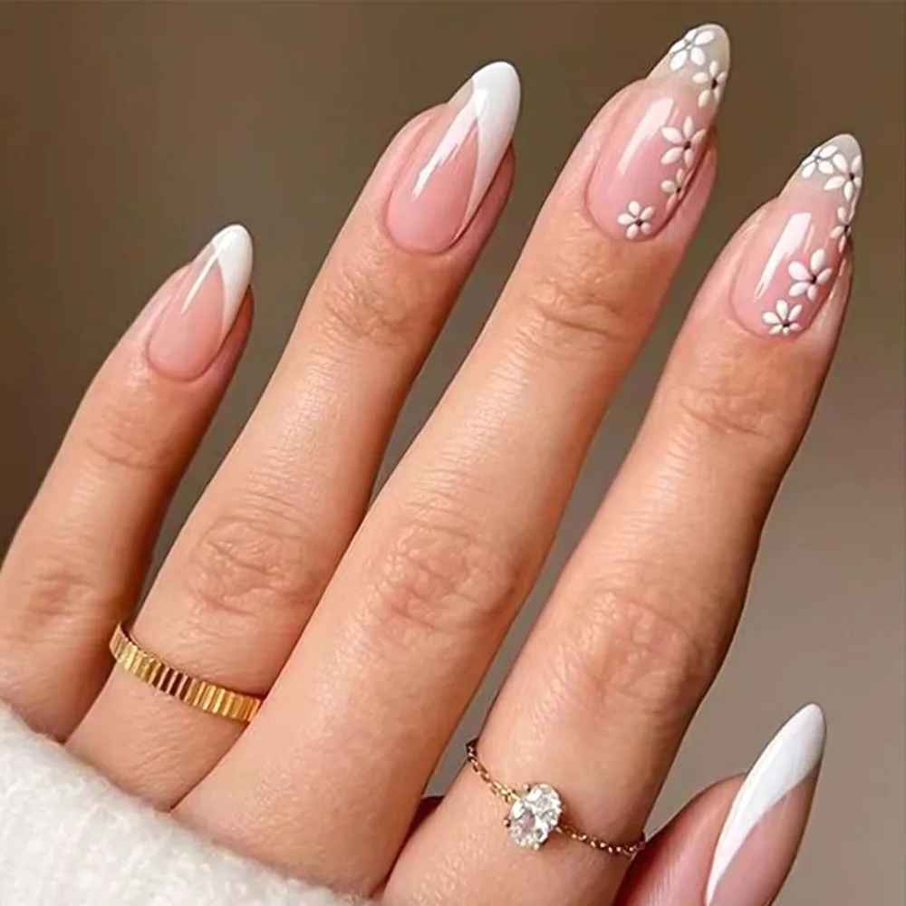 YOSOMK Cute Medium Fake Nails Almond Shaped Press on Nails with White Flower Design Glossy Glue on Static Nails French Tip Stick on Acrylic Nails for Women