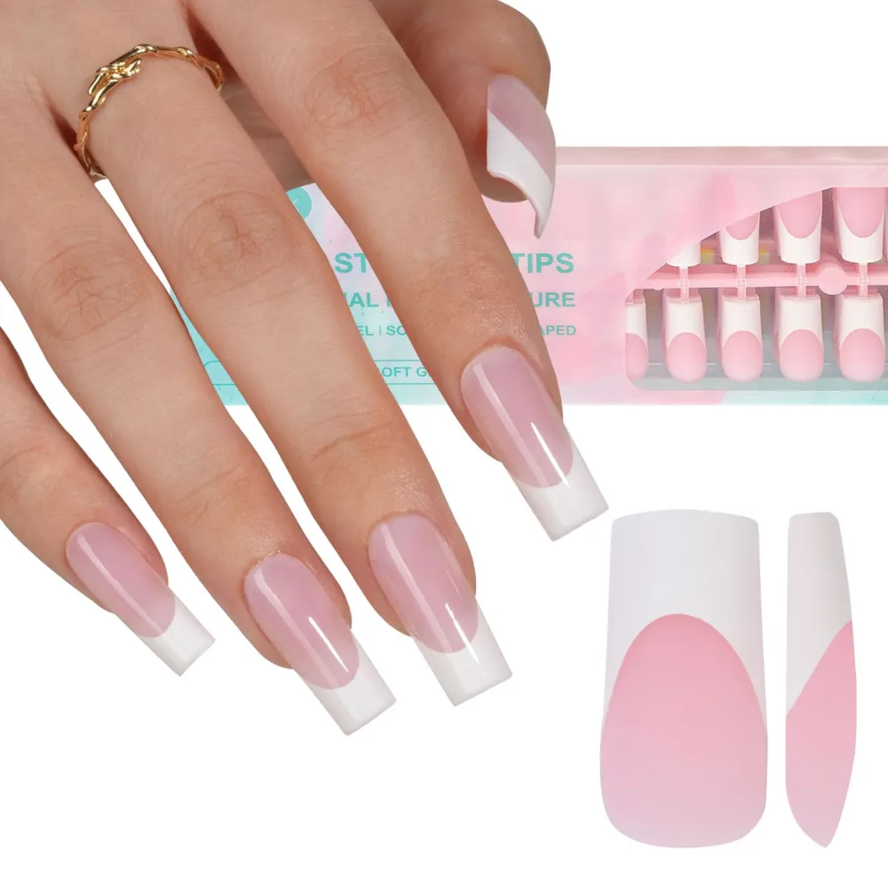 Misssix French Gel Nail Tips, 240Pcs French Tip Press on Nails Long Square Pink, No Need to File Tips Pre-lasting, Fake Nails for Nail Art DIY 15 Sizes