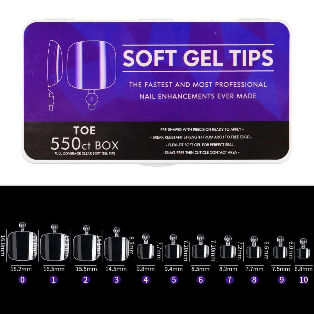 Toe Nail Tips, Full Cover Clear Soft Gel Tips, Toe False Nail Tips for Acrylic Nails Extension with Box, 550PCS, 11 Sizes(Style 15)