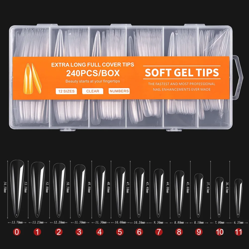 240Pcs Long Stiletto Acrylic Fake Nail Tips Set, 12 Sizes Full Cover Clear Artificial False Nail Tips Kit Press on Nails, French Nail Extension Nail Tips Kit for DIY Nails