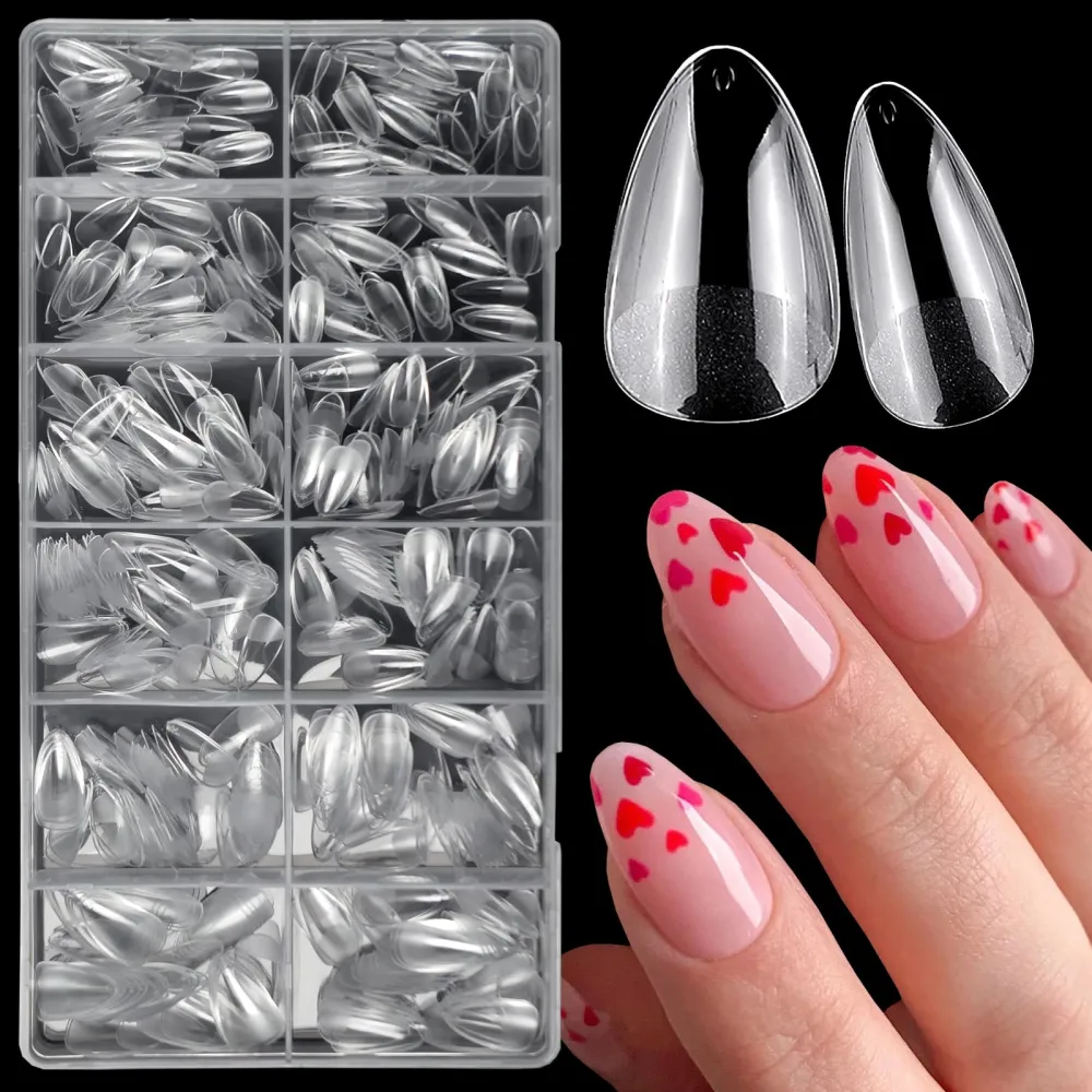 LuckForever 600pc Short Almond Gel x Nail Tips Clear Fake Nail XS Stiletto Soft Gel Nail Tips Full Cover False Nail Short Gel x Almond Nail Tips for Gel X Acrylic Nails Extension Press Nail Making