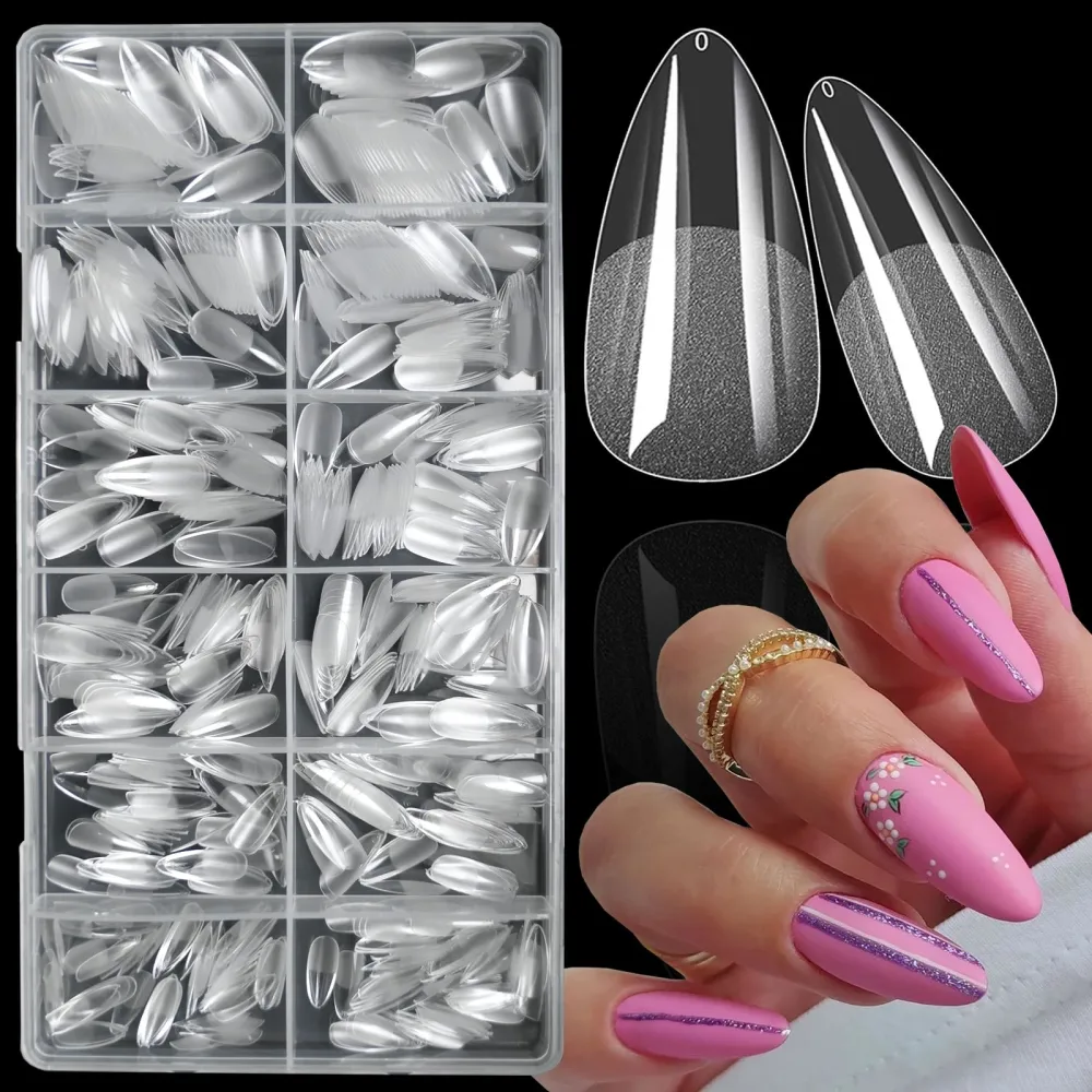 LuckForever 600pc Medium Almond Gel x Nail Tips Clear Fake Nail Short Stiletto Soft Gel Nail Tips Full Cover False Nail Gel x Almond Nail Tips for Gel X Acrylic Nails Extension Press on Nails Making