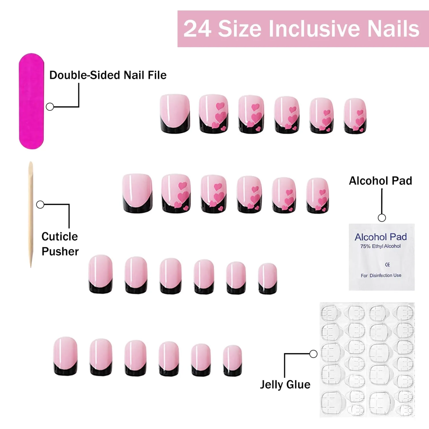 Valentines Press on Nails Short Square French Tip Petite Fake Pink Full Cover Heart False with Designs Black Nail Glossy Glue Acrylic Artificial for Women Girls 24Pcs