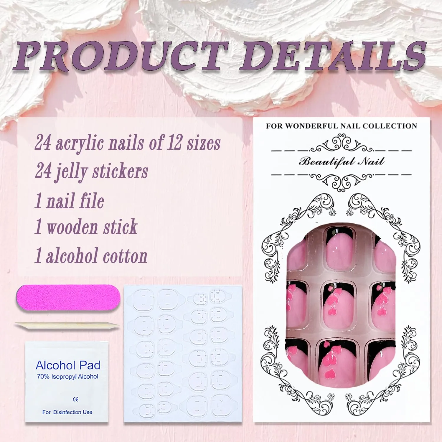 Valentines Press on Nails Short Square French Tip Petite Fake Pink Full Cover Heart False with Designs Black Nail Glossy Glue Acrylic Artificial for Women Girls 24Pcs