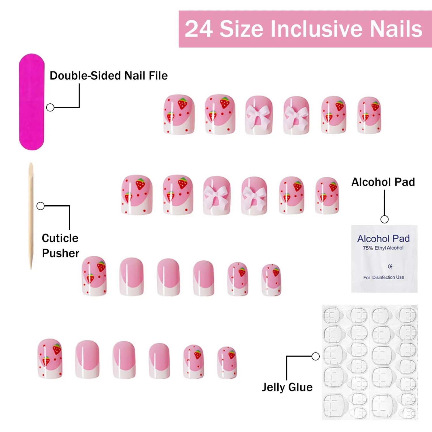 Press on Nails Short Square French Tip Fake Nails Pink Full Cover Strawberry False Nails with Bow Charm Designs Glossy Glue on Nails Cute Acrylic Nails Artificial Nails for Women Girls