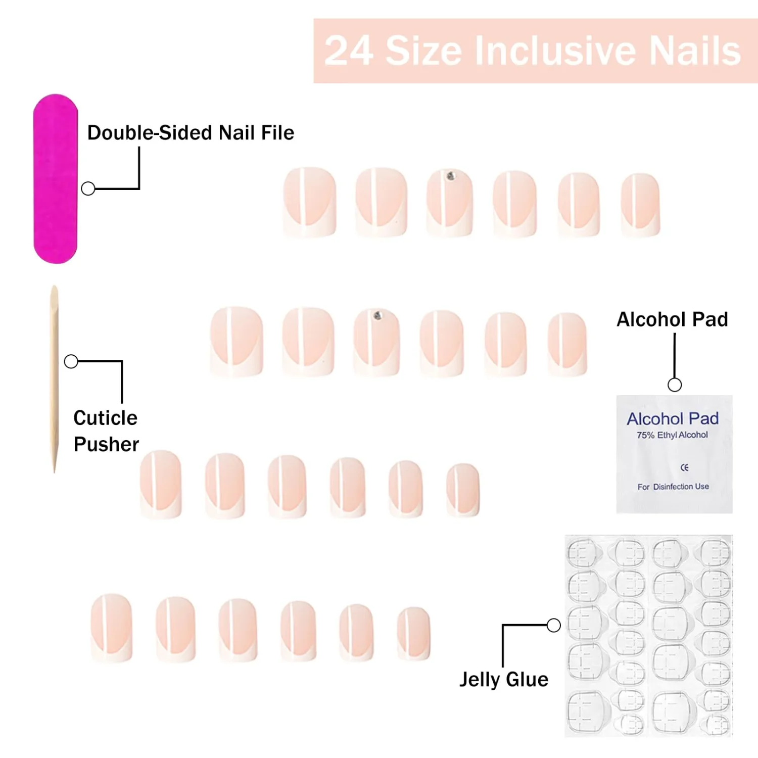 Short Press on Nails Square French Tip Fake Nails SWEKKE Nude Full Cover Rhinestones False Nails with Nail Glue Glossy Glue on Nails Acrylic Nails Manicure Artificial Nails for Women Girls 24Pcs