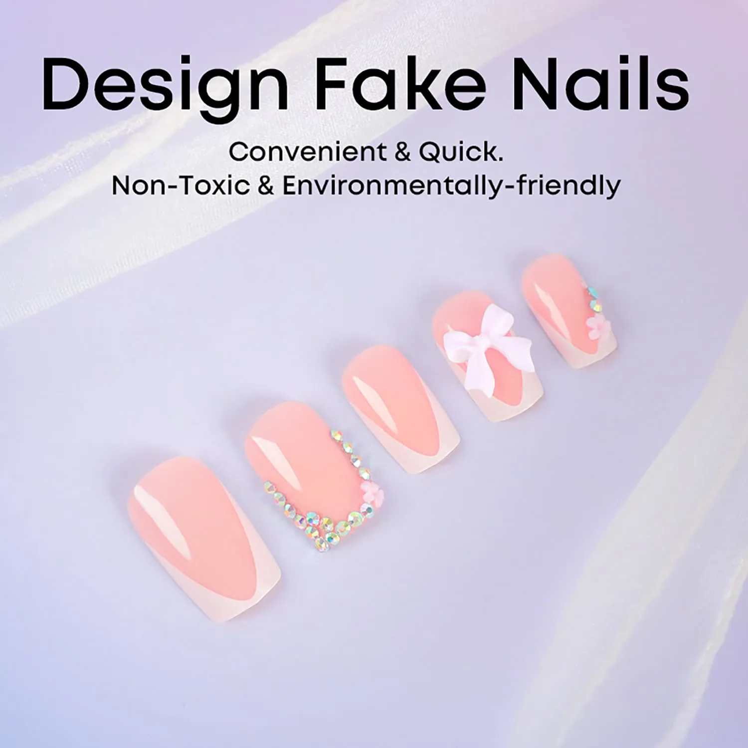 Press on Nails Short Square French Tip Cute Fake Nails Full Cover 5D Bow False Nails with Rhinestones Nail Tip Designs Glossy Glue on Nails Acrylic Artificial Nails for Women Girls 24Pcs