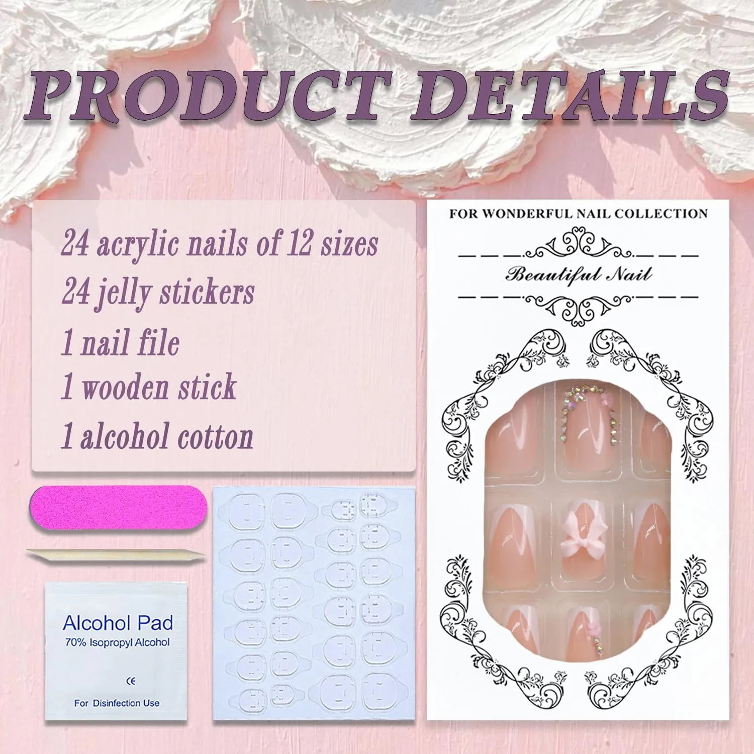 Press on Nails Short Square French Tip Cute Fake Nails Full Cover 5D Bow False Nails with Rhinestones Nail Tip Designs Glossy Glue on Nails Acrylic Artificial Nails for Women Girls 24Pcs