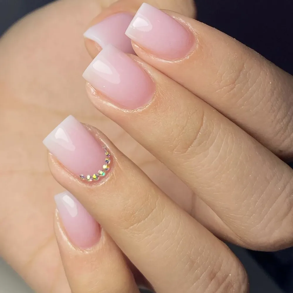 Press on Nails Short Square Fake Nails SWEKKE Nude Pink Full Cover White Gradient False Nails with Designs Rhinestones Glossy Glue on Nails Acrylic Nails Manicure Artificial Nails for Women Girls