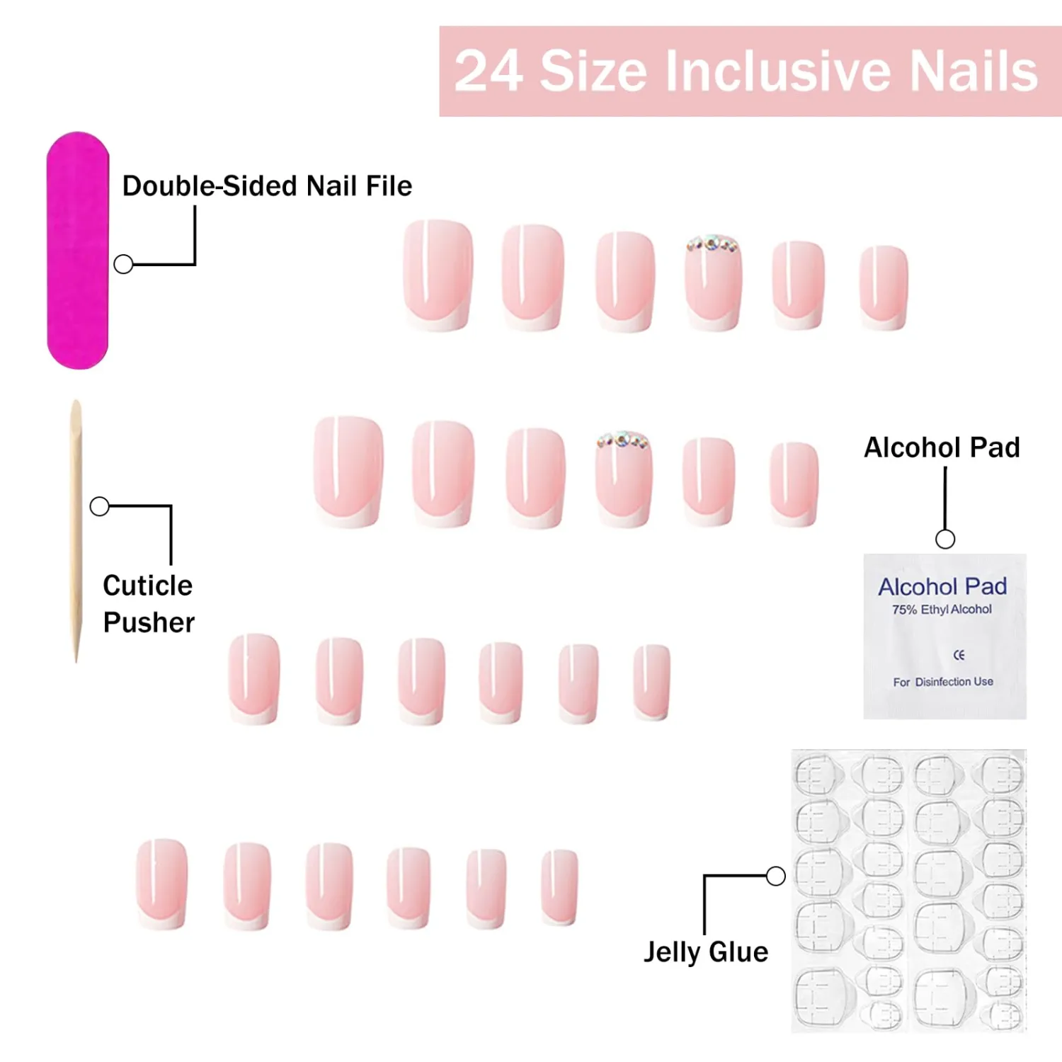 Short Square Press on Nails French Tip Fake Nails SWEKKE Pink Full Cover Rhinestones False Nails with Nail Glue Glossy Glue on Nails Acrylic Nails Manicure Artificial Nails for Women Girls 24Pcs