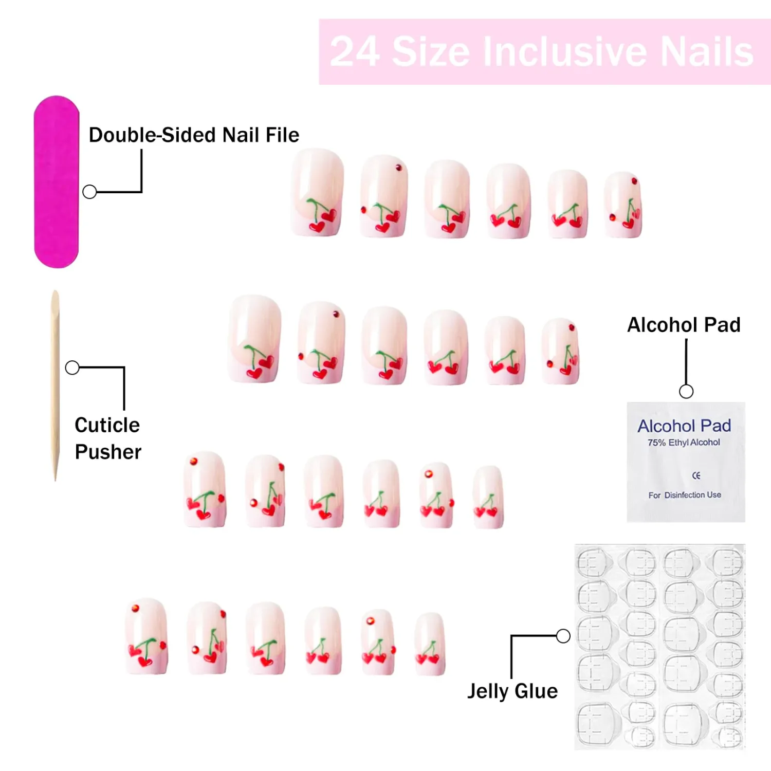 Press on Nails Short Square Pink French Tip Fake Nails Nude Full Cover Heart Cherry False Nails with Designs Glossy Glue on Nails Cute Acrylic Artificial Nails for Women Girls 24Pcs