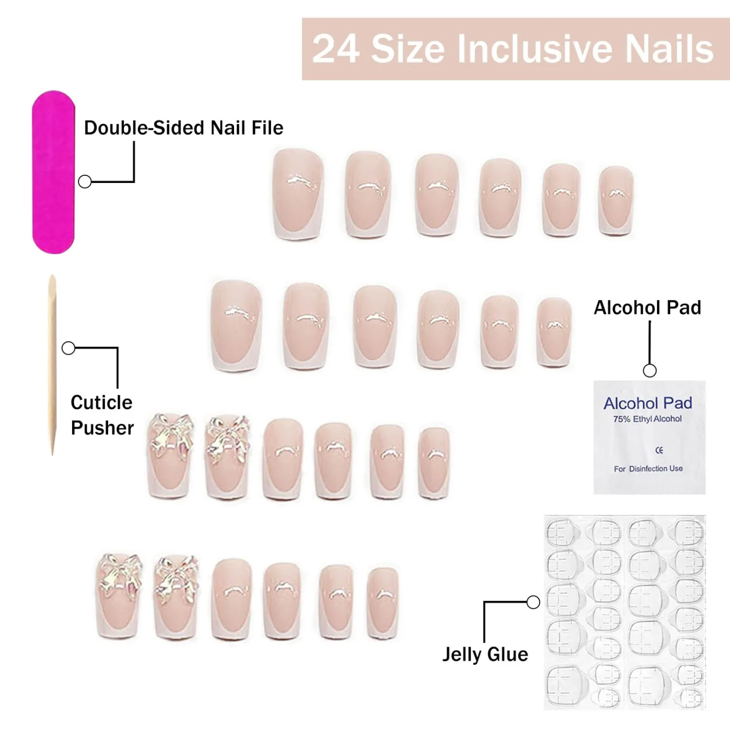 Cute Press on Nails Short Square SWEKKE French Tip Fake Nails Nude Pink Full Cover False Nails with Crystal Bow Charm Designs Glossy Glue on Nails Acrylic Artificial Nails for Women Girls 24Pcs