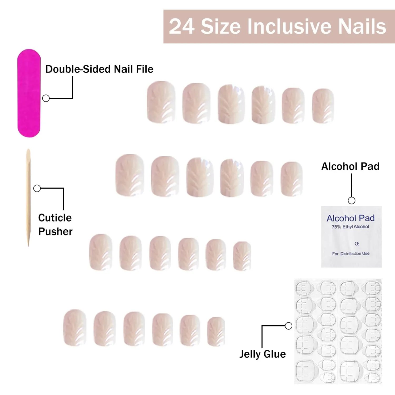Press on Nails Short Square MABKJLF Chrome Fake Nails White Full Cover 3D Water Ripple False Nails with Designs Pink Flash Glossy Glue on Nails Acrylic Nails Artificial Nails for Women Girls 24Pcs