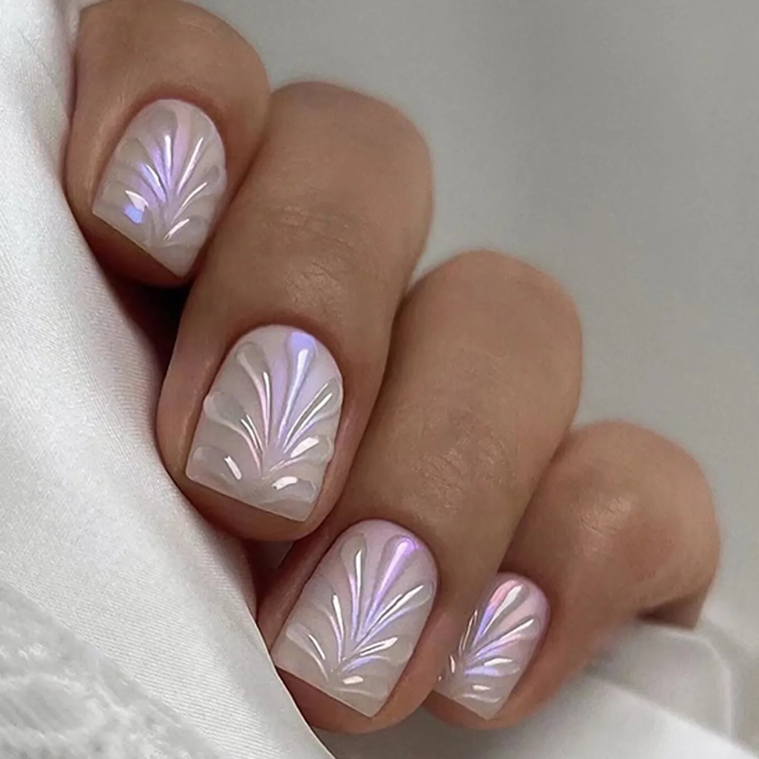 Press on Nails Short Square MABKJLF Chrome Fake Nails White Full Cover 3D Water Ripple False Nails with Designs Pink Flash Glossy Glue on Nails Acrylic Nails Artificial Nails for Women Girls 24Pcs