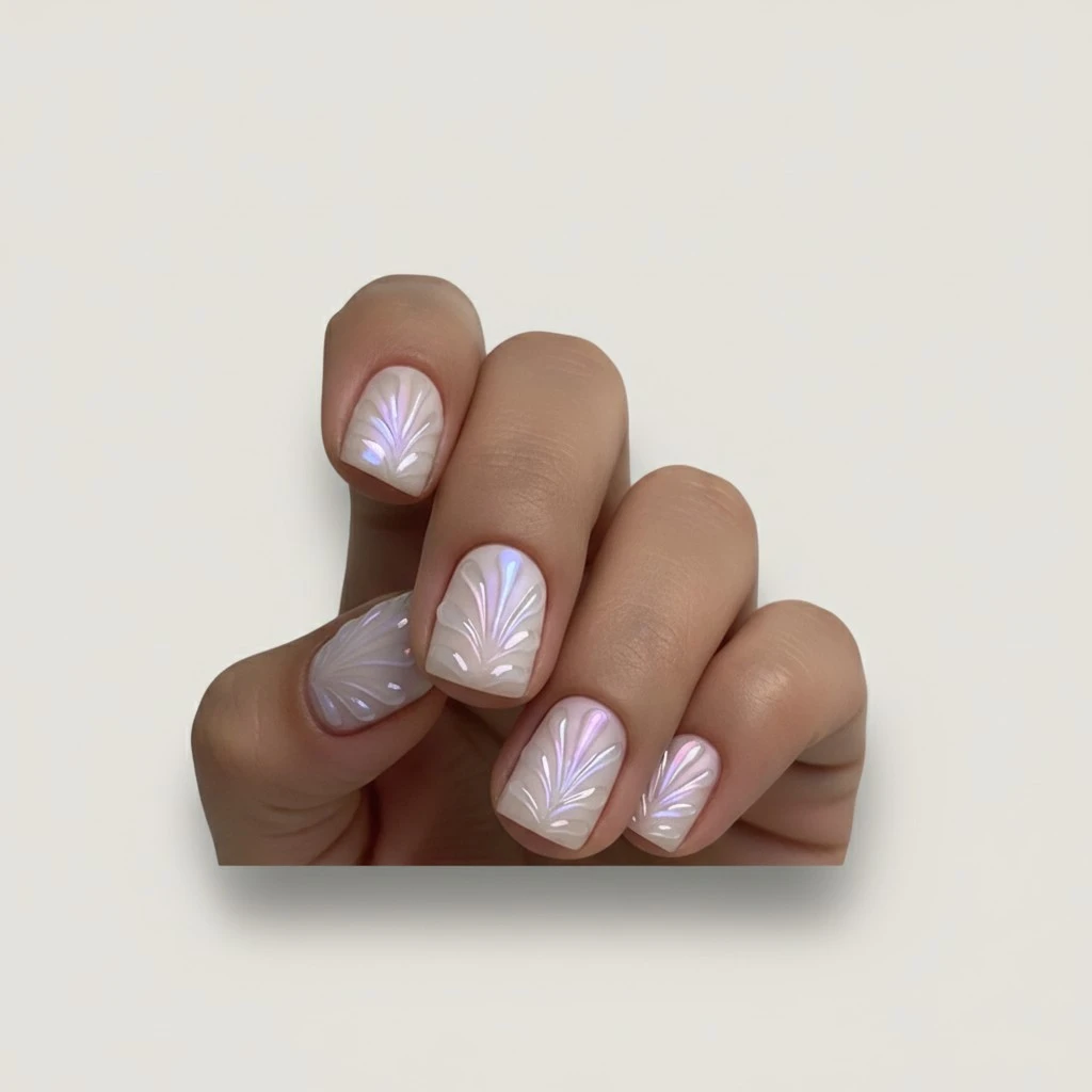 Press on Nails Short Square MABKJLF Chrome Fake Nails White Full Cover 3D Water Ripple False Nails with Designs Pink Flash Glossy Glue on Nails Acrylic Nails Artificial Nails for Women Girls 24Pcs