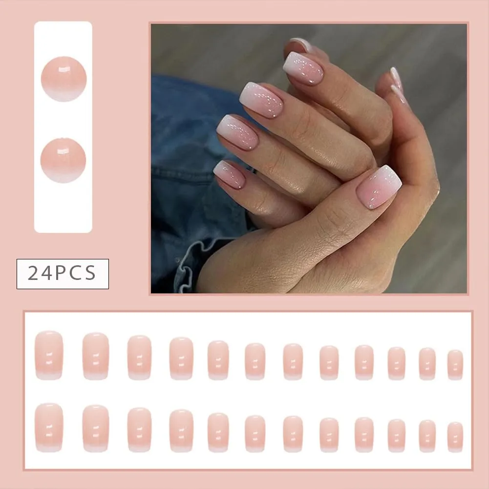 24Pcs Acrylic Press on Nails medium Glossy Ombre Nued Fake/False Nails With Designs White French Tip Nails Artificial Nails Stick on Nails For Women Girls