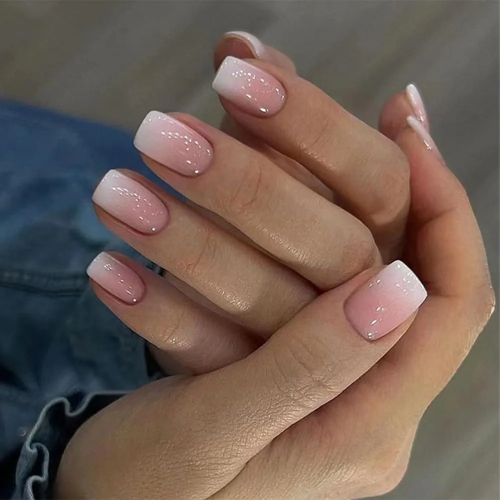 24Pcs Acrylic Press on Nails medium Glossy Ombre Nued Fake/False Nails With Designs White French Tip Nails Artificial Nails Stick on Nails For Women Girls
