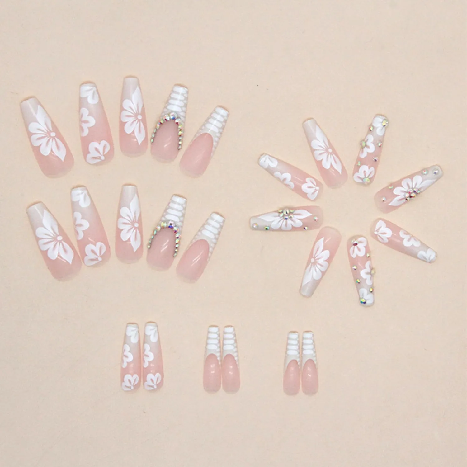 24Pcs Extra Long Press on Nails Fake Nails,Flowers and Snake Patterns False Nails with Rhinestones Designs Ombre French Tip Acrylic Artificial Nails Bling Stick on Nails for Women