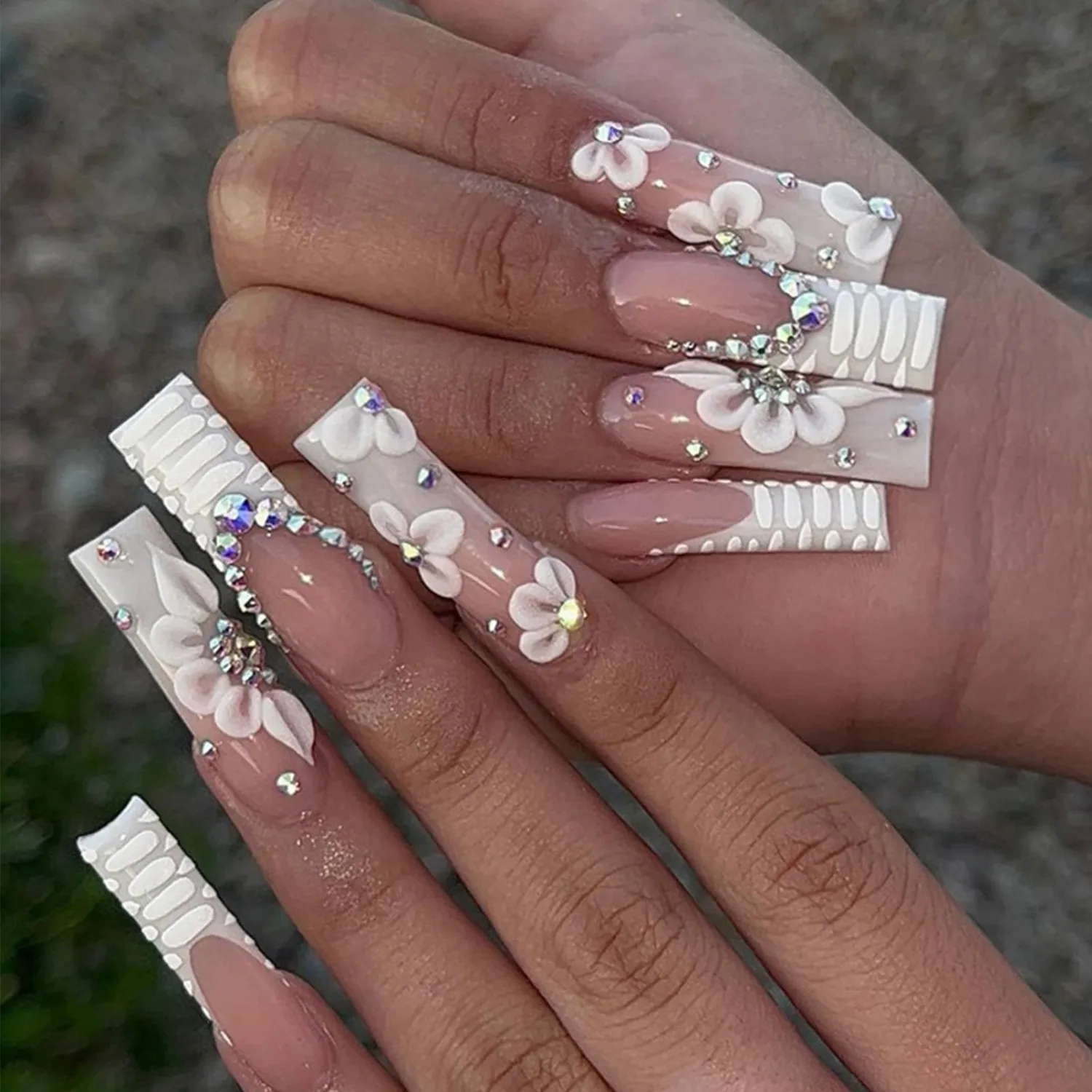 24Pcs Extra Long Press on Nails Fake Nails,Flowers and Snake Patterns False Nails with Rhinestones Designs Ombre French Tip Acrylic Artificial Nails Bling Stick on Nails for Women