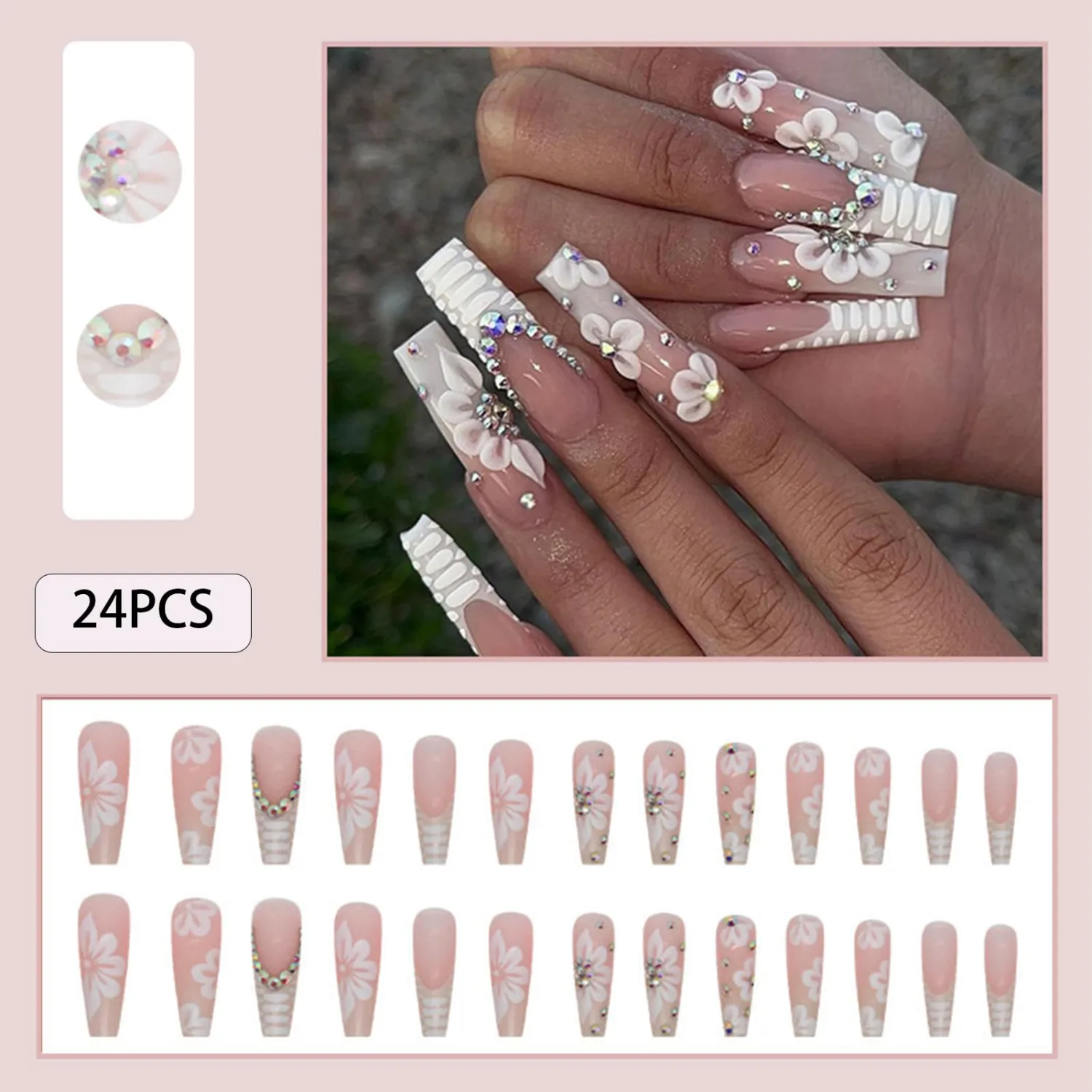 24Pcs Extra Long Press on Nails Fake Nails,Flowers and Snake Patterns False Nails with Rhinestones Designs Ombre French Tip Acrylic Artificial Nails Bling Stick on Nails for Women