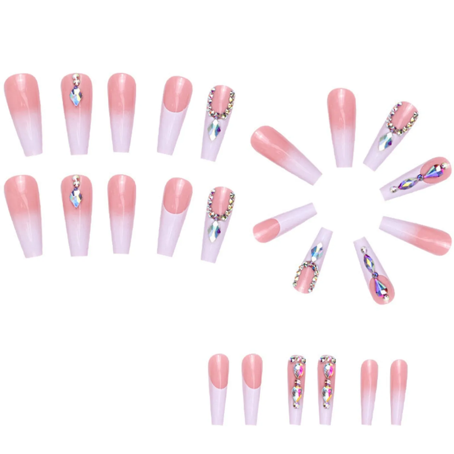 24Pcs Extra Long Press on Nails Fake Nails WAFOLOZE Nails Press ons, False Nails with Rhinestones Designs French Tip Acrylic Artificial Nails Glossy Stick on Nails for Women