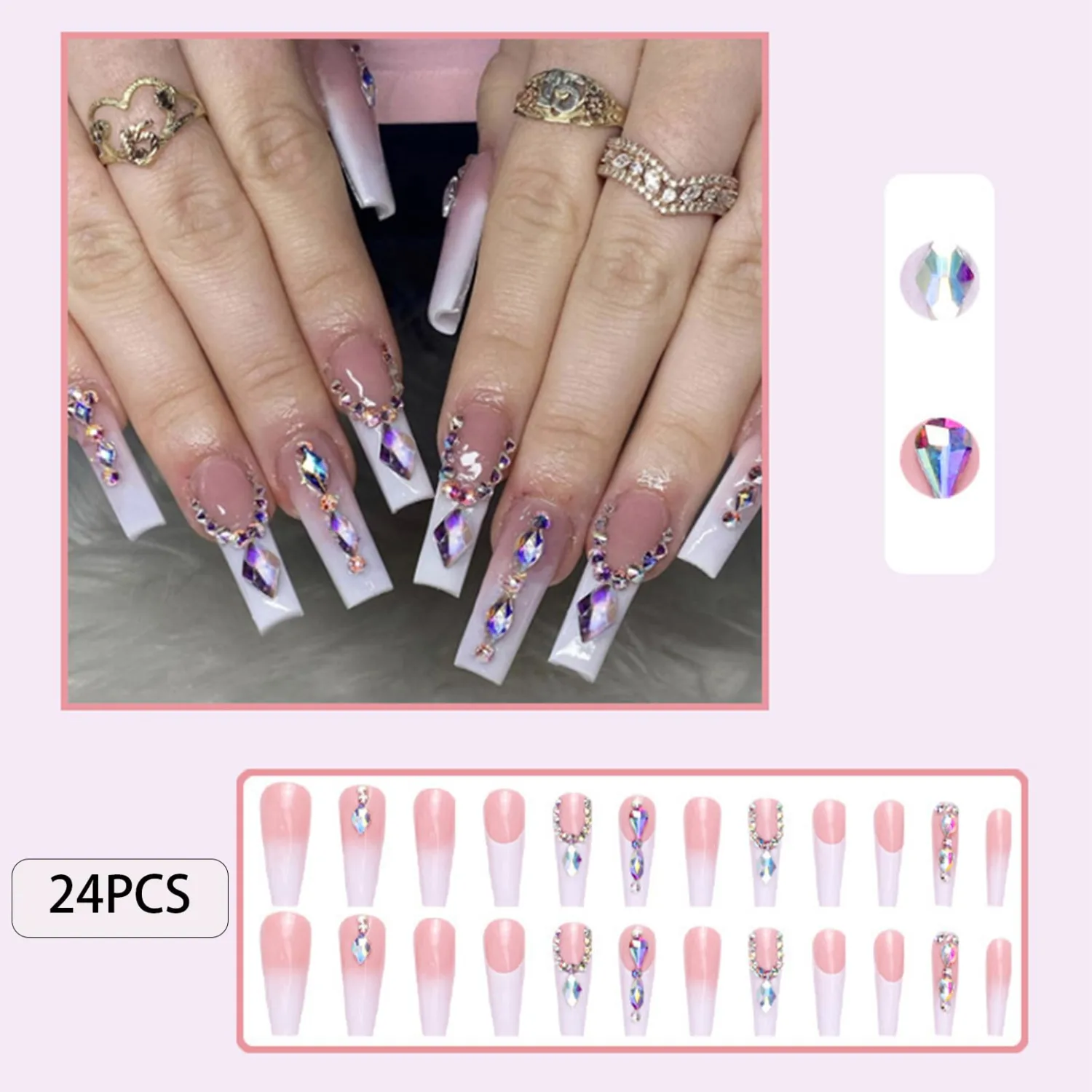24Pcs Extra Long Press on Nails Fake Nails WAFOLOZE Nails Press ons, False Nails with Rhinestones Designs French Tip Acrylic Artificial Nails Glossy Stick on Nails for Women