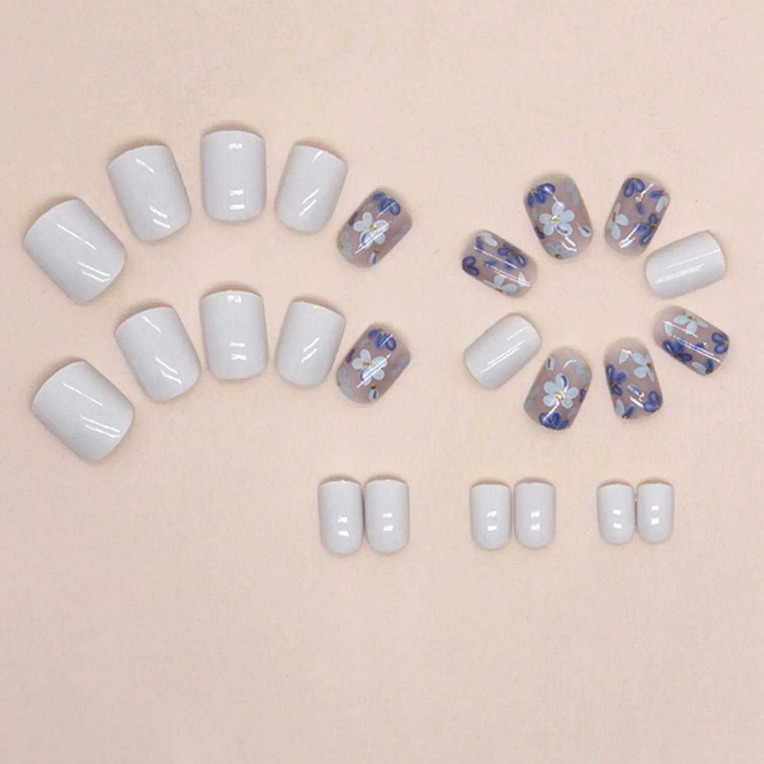 Nails Press ons,White Short Square Press on Nails Fake/False Nails with Blue Flower Designs Glossy Acrylic Artificial Nails Stick on Nails for Women 24Pcs