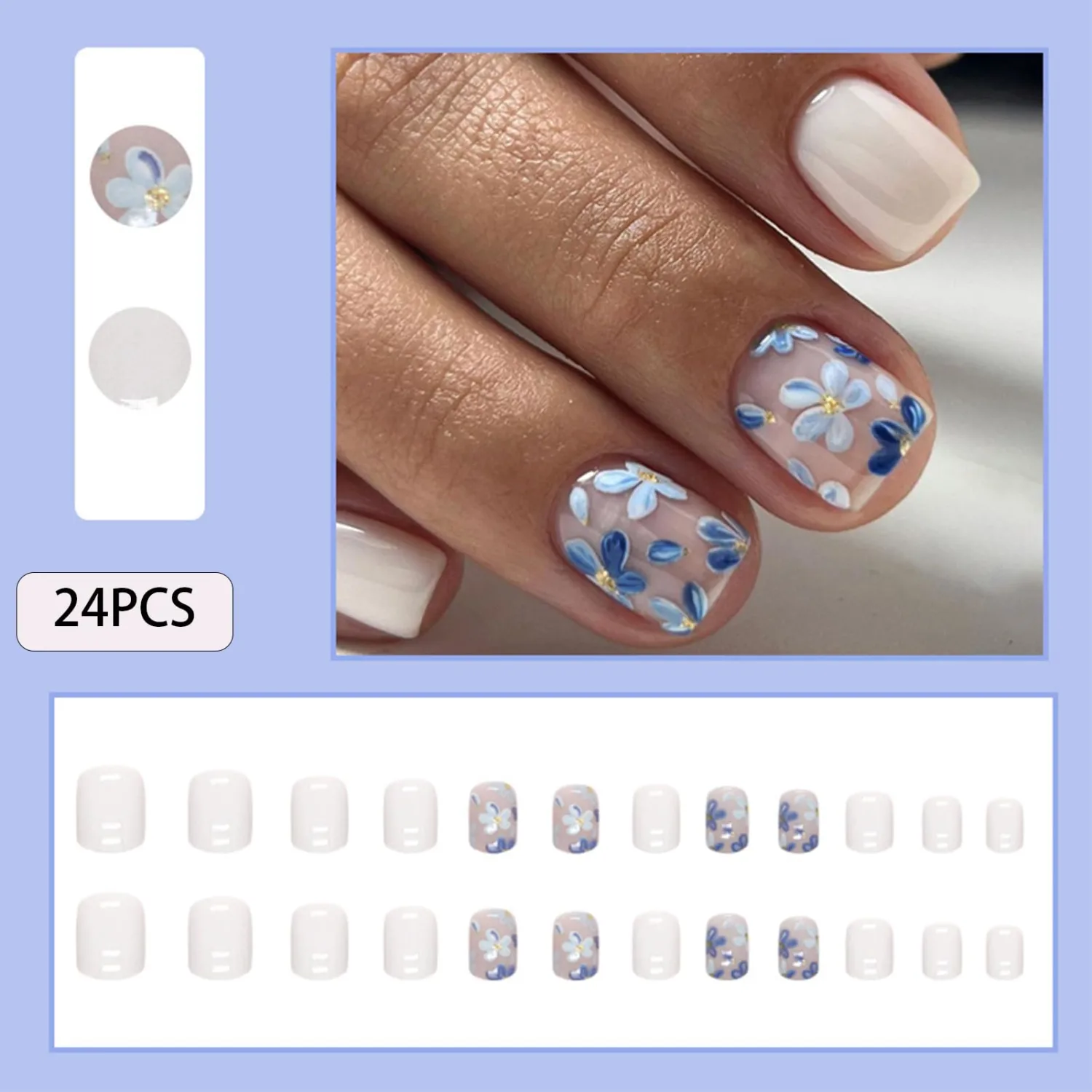 Nails Press ons,White Short Square Press on Nails Fake/False Nails with Blue Flower Designs Glossy Acrylic Artificial Nails Stick on Nails for Women 24Pcs