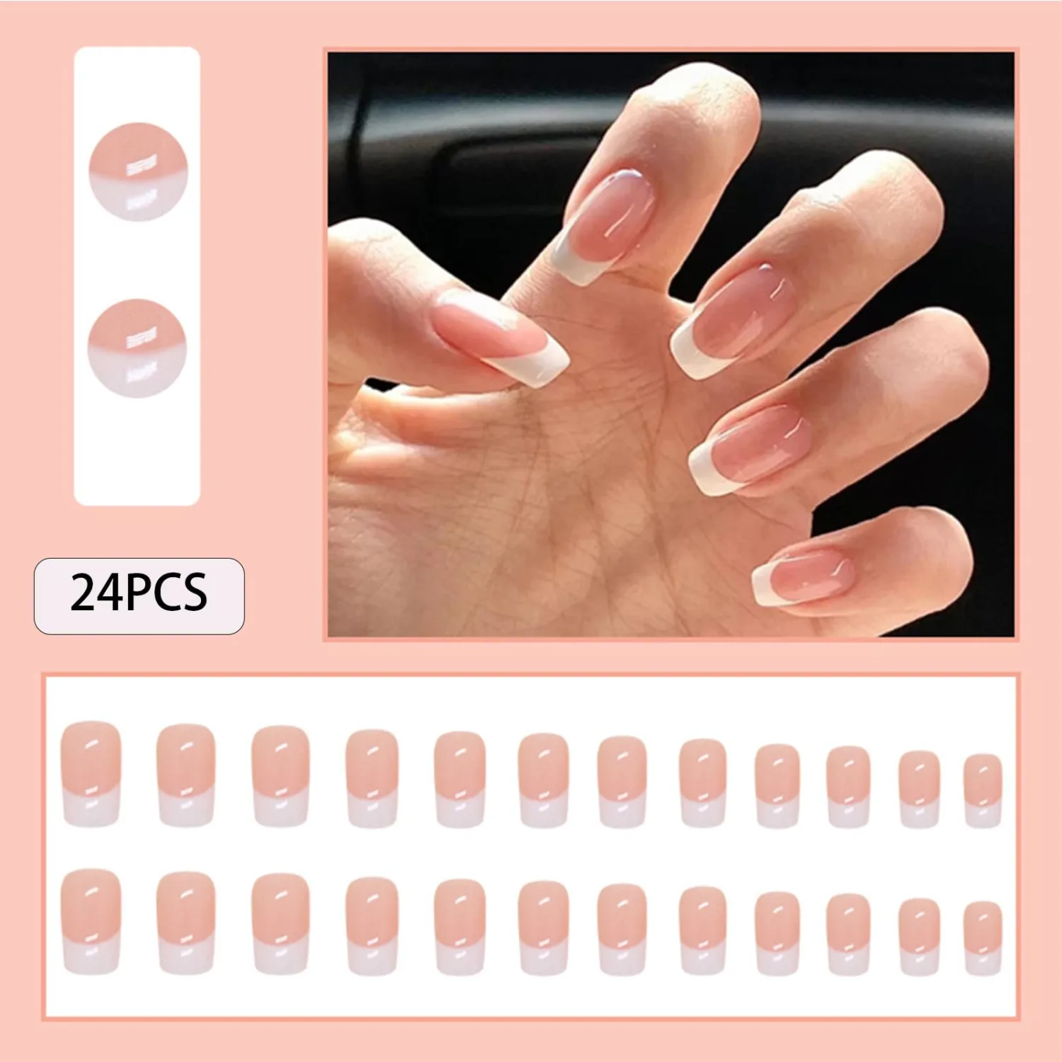 White French Tip Nails - Press On Medium Square Fake Nails 24PCs with Glossy Acrylic Finish