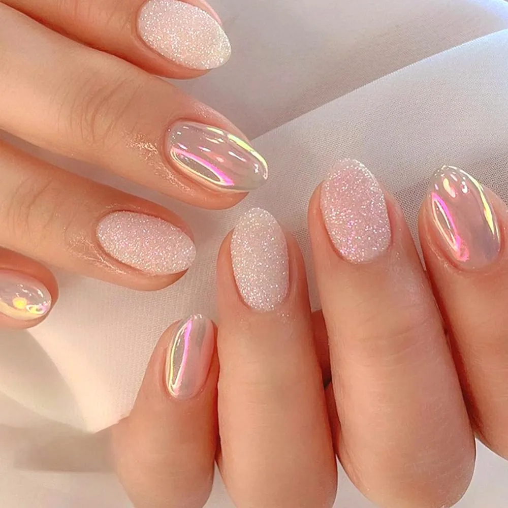 Almond Press on Nails Short Round Fake Nails Chrome Glossy False Nails with Glitte Powder Press ons Designs Acrylic Nails Press on Artificial Nails Stick on Nails for Women 24Pcs