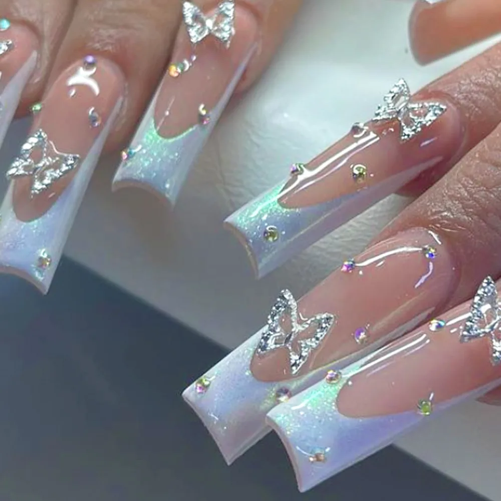 Square Press On Long Fake Nails - Coffin Nails With Alloy Butterfly Charms & Rhinestones Design - White French Tip Artificial Stick On Nails