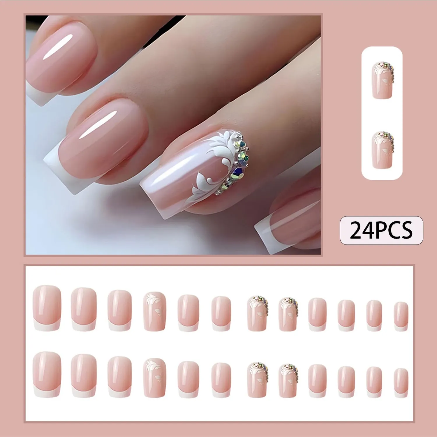 Nails Press ons,Nude Press on Nails Medium Fake/False Nails with Flower&Rhinestones Designs White French Tip Nails Artificial Acrylic Nails Glossy Stick on Nails for Women 24Pcs