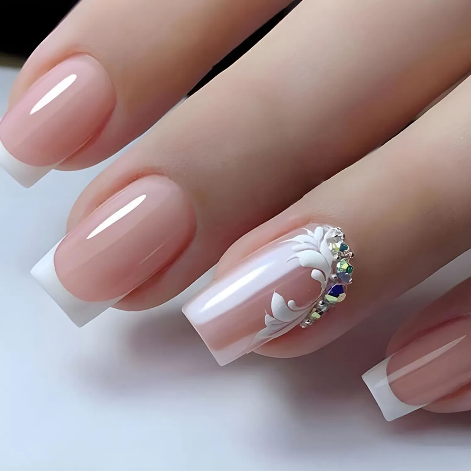 Nails Press ons,Nude Press on Nails Medium Fake/False Nails with Flower&Rhinestones Designs White French Tip Nails Artificial Acrylic Nails Glossy Stick on Nails for Women 24Pcs