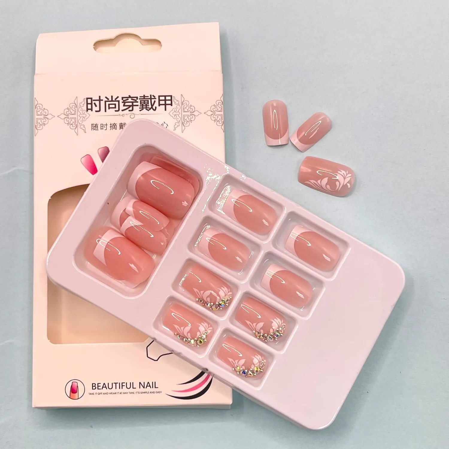 Nails Press ons,Nude Press on Nails Medium Fake/False Nails with Flower&Rhinestones Designs White French Tip Nails Artificial Acrylic Nails Glossy Stick on Nails for Women 24Pcs