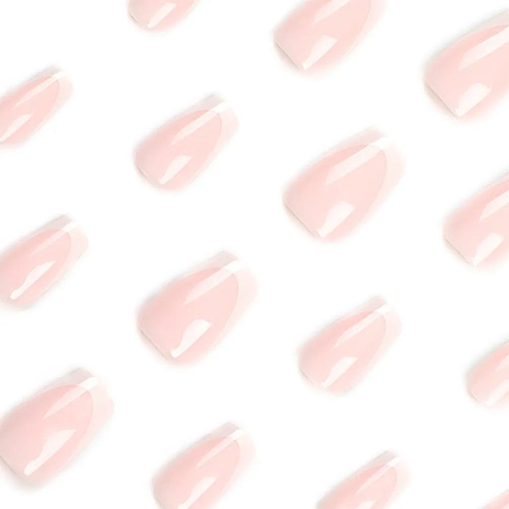 Medium Press on Square False Nails with White French Tip Designs, Gloss Acrylic Artificial Nails Stick Ons, 24pcs