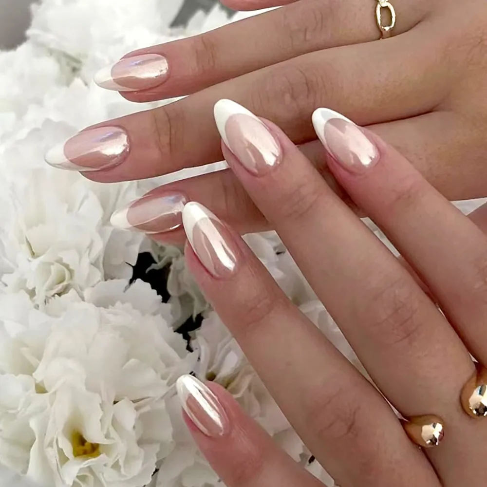 24 Pcs French Tip Press on Nails Almond Medium Length Fake Nails with Chrome Designs Glossy Nude False Nails Mirror White Nails Tips Full Cover Reusable Artificial Acrylic Nails for Women Girls