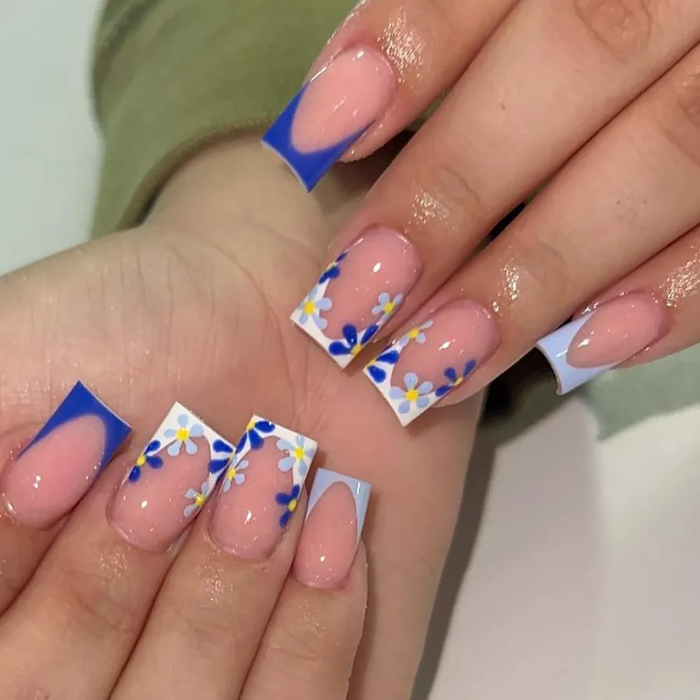 24Pcs French Press on Nails Medium Coffin Fake Nails Acrylic False Nails with Floral Designs Nude Pink Artificial Glossy Press on Nails Full Cover Spring Stick on Nails for Women Girls Nail Decoration