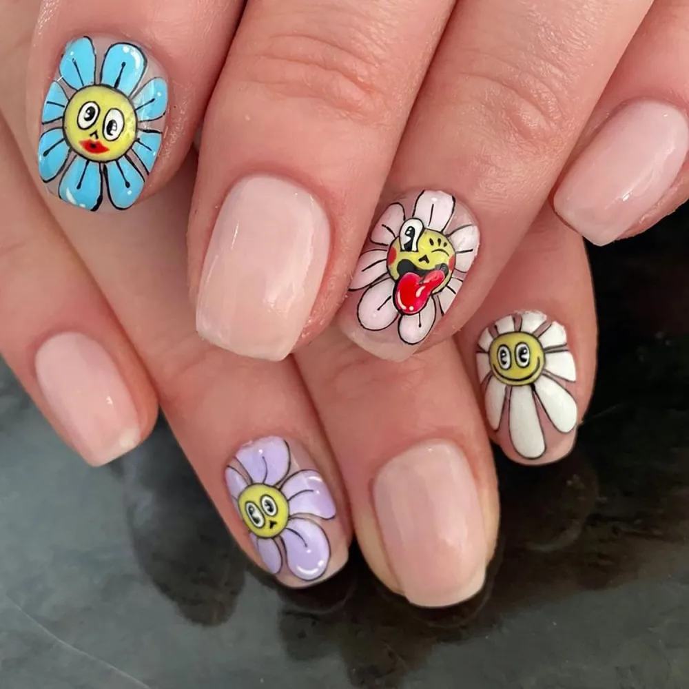 Summer Press on Nails Short Square RIICFDD Nude Fake Nails Pink False Nails with Flower Designs Cute Face Press on Nail Glossy Full Cover Glue on Nails for Women and Girls 24Pcs Acrylic Nails