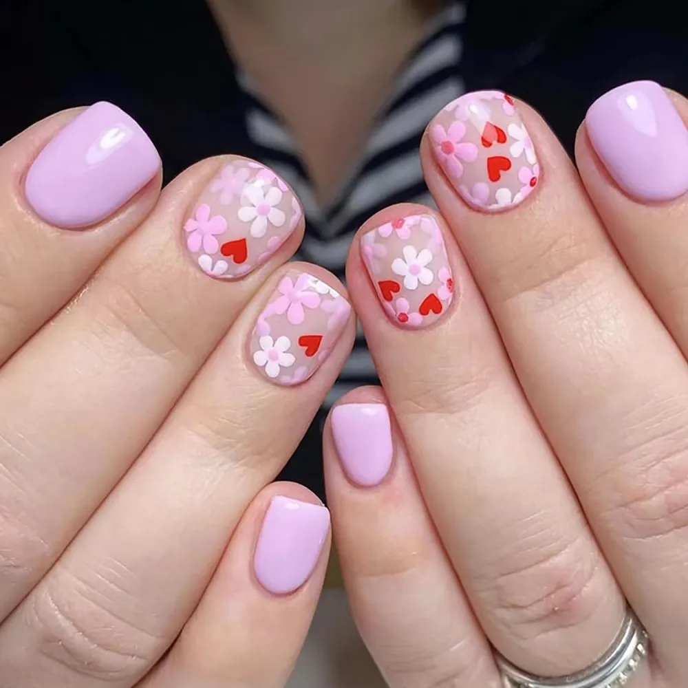 Extra Short Press on Nails Square RIICFDD Pink Flower Fake Nails with Designs Glossy False Nails Full Cover Floral Acrylic Nails Spring Press on Nail for Women and Girls 24 Pcs