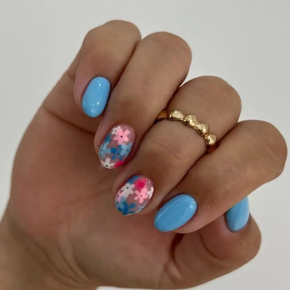 24 Pcs Spring Press on Nails Short Almond RIICFDD Blue Fake Nails with Colourful Flower Designs Short Oval Nails Spring Full Cover Stick on Nails Summer False Nails for Women Girls Acrylic Nails