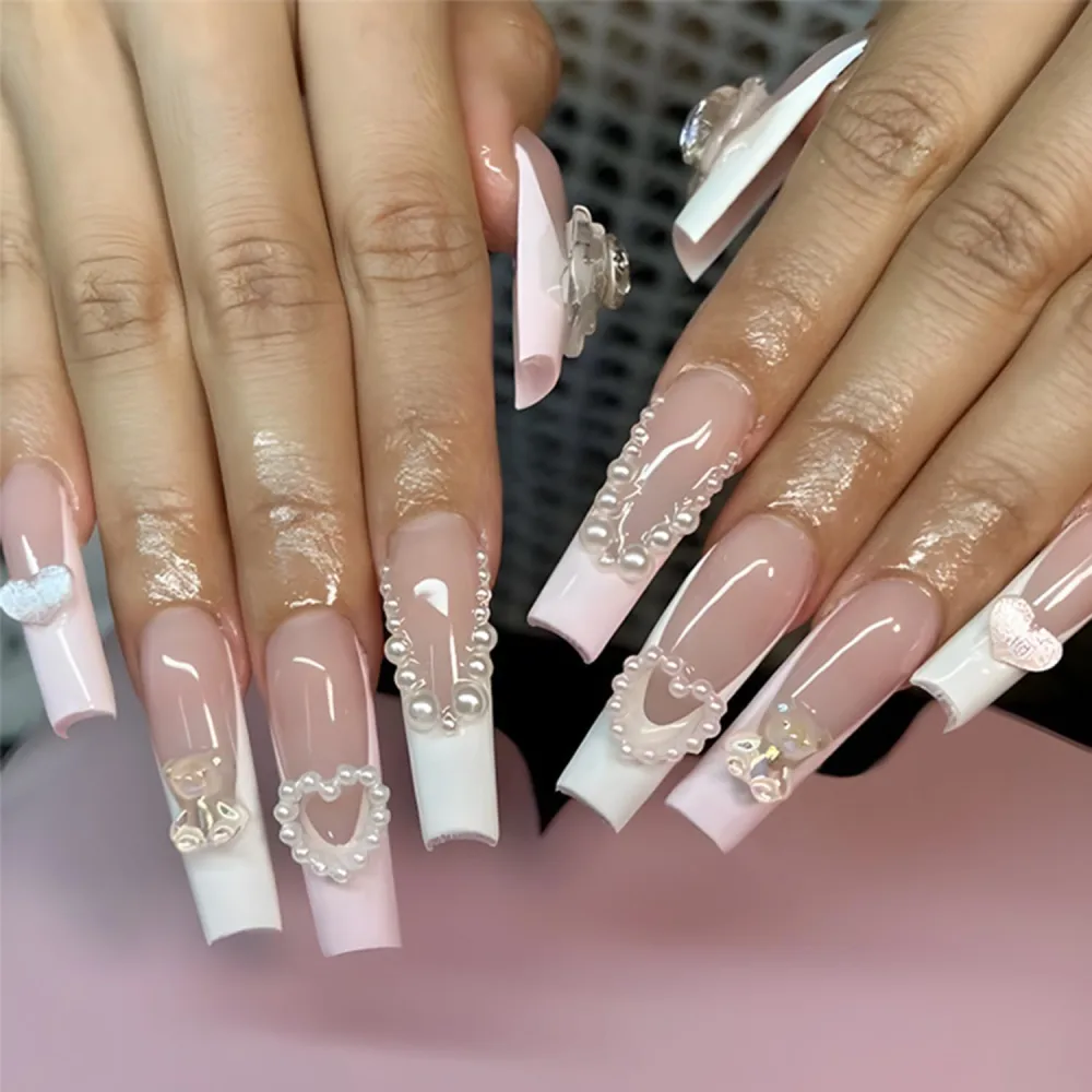 Long Square French Tip Press on Nails with Heart Diamond Designs French Fake Nails Artificial Glossy Glue on Nails Coffin Shaped False Nails White Nail Tips Full Cover Acrylic Nails for Women 24pcs