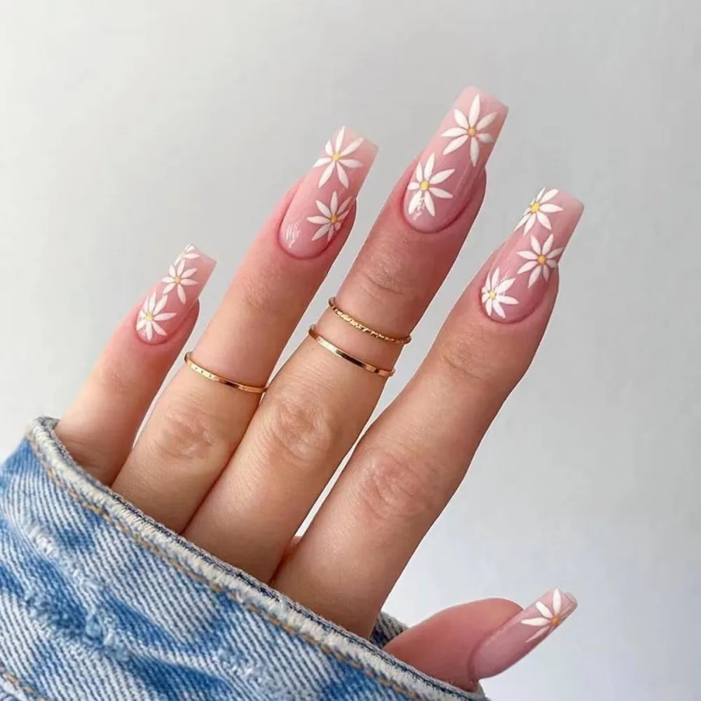 24Pcs Square Press on Nails Medium Coffin Nude Fake Nails with Daisy Flowers Gel Nails Design Full Cover Acrylic Nails Summer Stick on Nails Full Cover Artificial False Nails for Women Girls Manicure