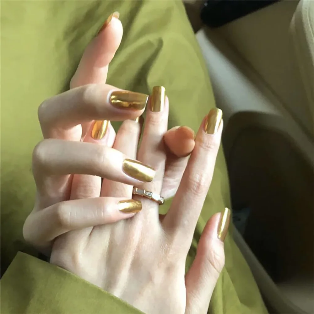 Gold Glossy Press On Nails Short Square, Coffin Shape Full Cover Reusable False Nails with glue, Stick On Nails with Shine Designs, Artificial Fingernails Acrylic Fake Nails for Women, Glue On Nails