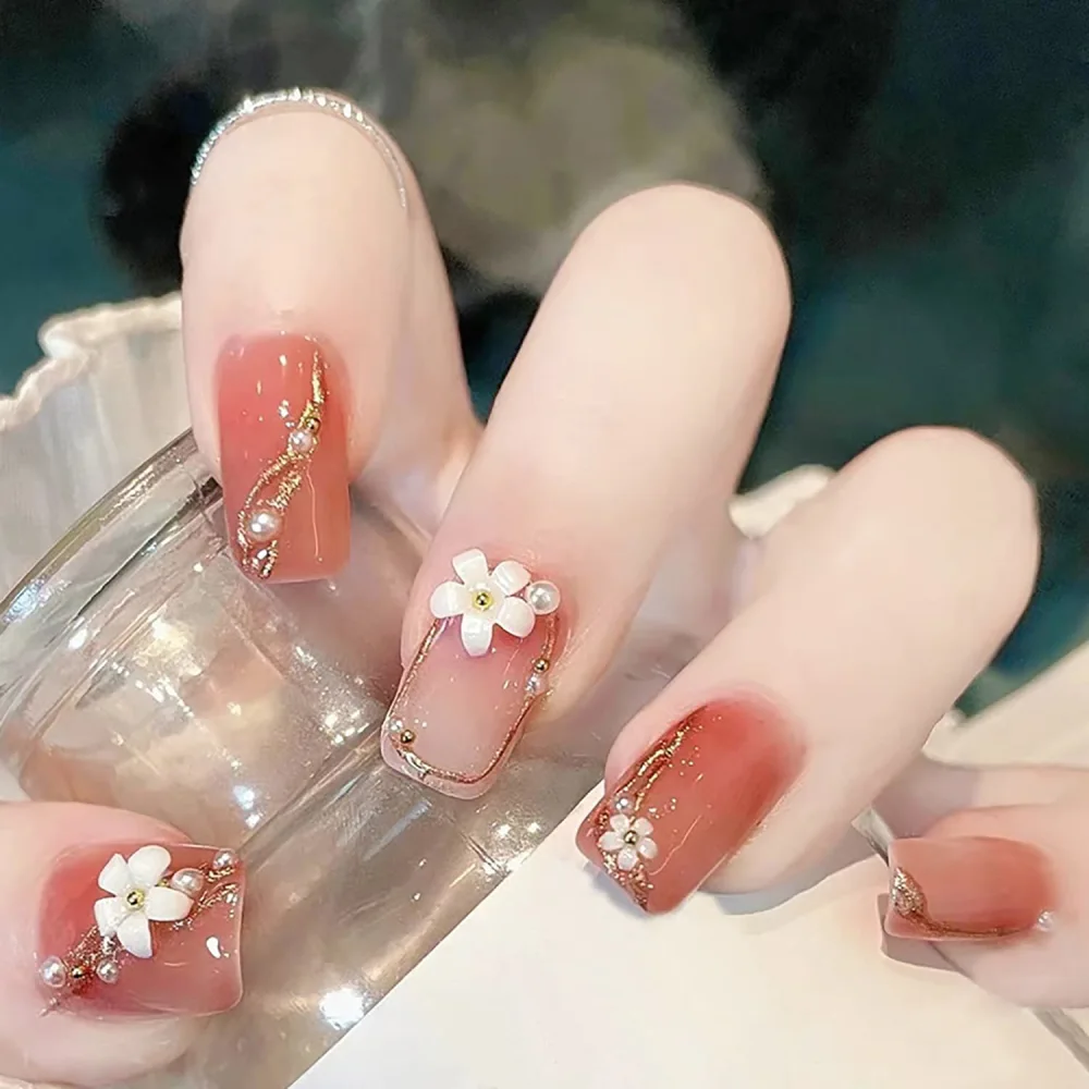 Pink Press On Nails Short, Almond Glue On Nails, Flower False Nails With Glue, Square Press On Nails, Art Manicure Decoration Acrylic Nails for Women And Girls In 24 Pcs