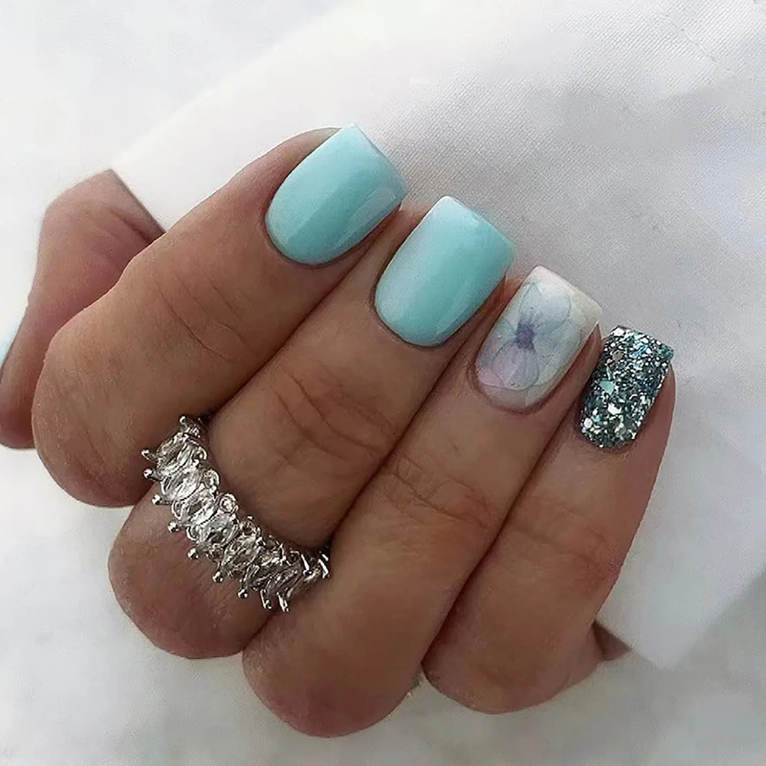 Blue Short Square Press On Nails Coffin Shape Full Cover Reusable False Nails with Glue, Stick On Nails with Flower Glitter Designs Artificial Fingernails Acrylic Fake Nails for Women, Glue on Nails