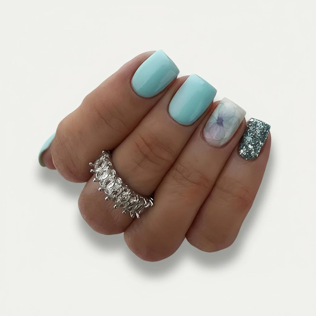 Blue Short Square Press On Nails Coffin Shape Full Cover Reusable False Nails with Glue, Stick On Nails with Flower Glitter Designs Artificial Fingernails Acrylic Fake Nails for Women, Glue on Nails