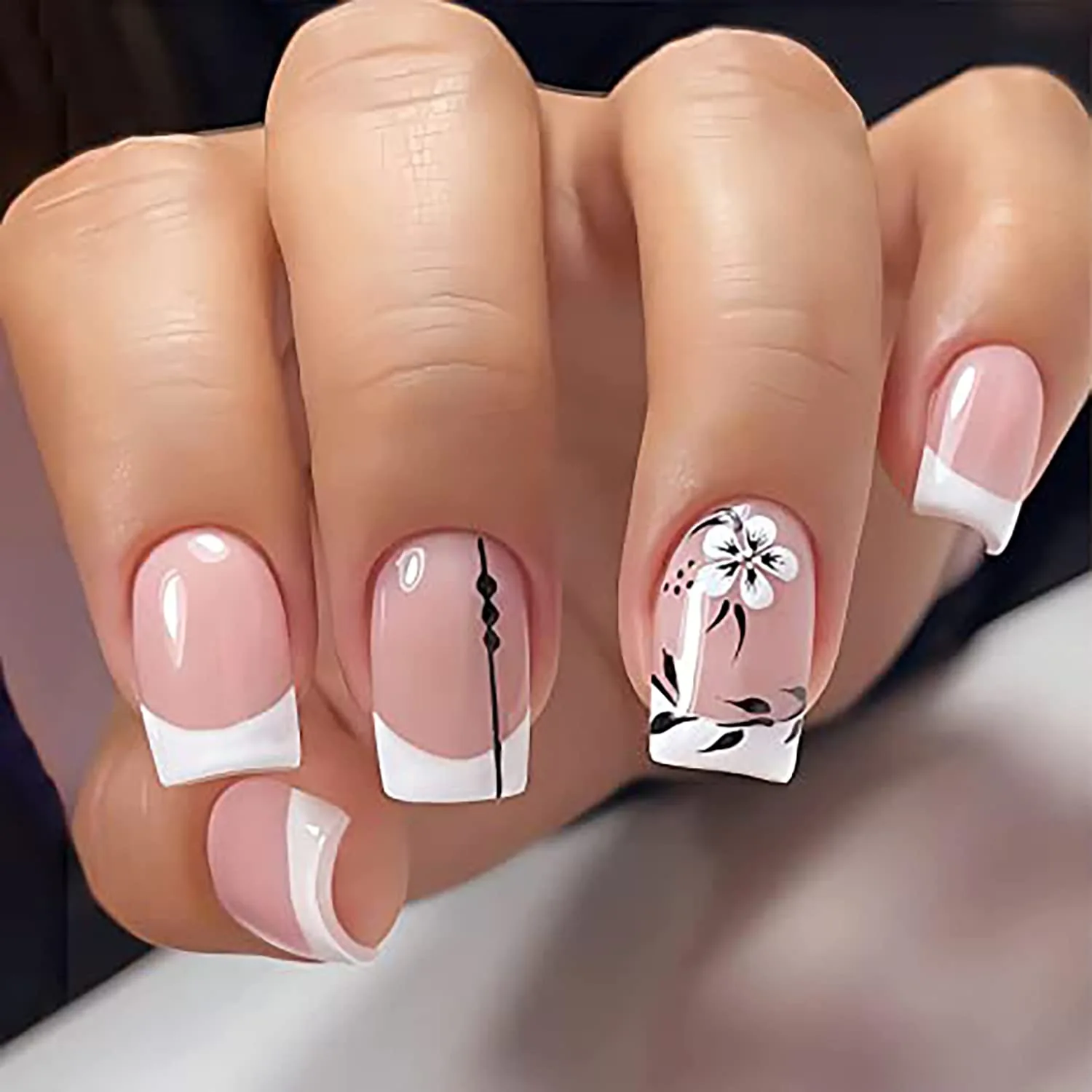 Pink Press On Nails Short Square Coffin Shape Full Cover Reusable False Nails Stick On Nails White Flower Designs White Nail Tips Artificial Fingernails Acrylic Fake Nails for Women Glue On Nails