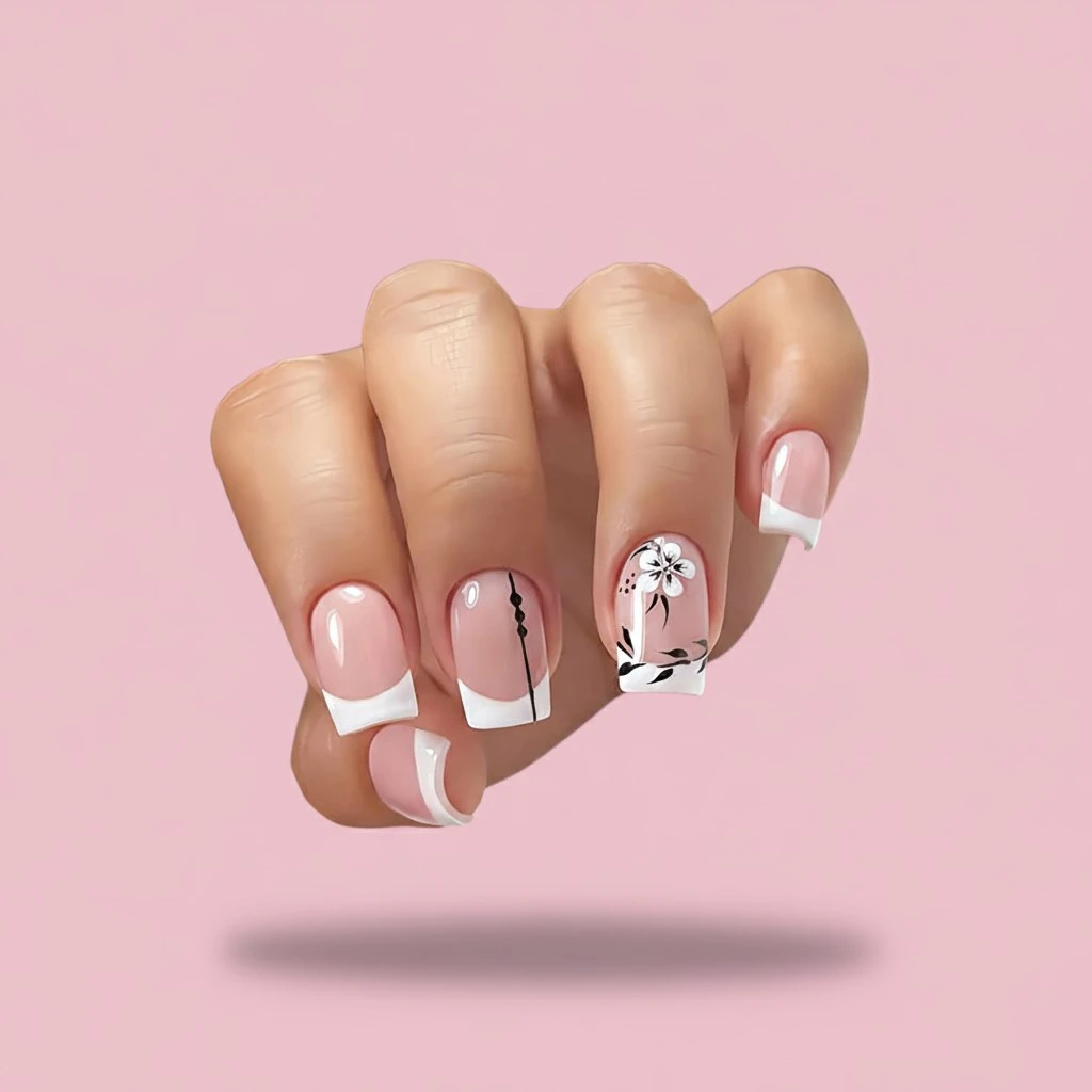 Pink Press On Nails Short Square Coffin Shape Full Cover Reusable False Nails Stick On Nails White Flower Designs White Nail Tips Artificial Fingernails Acrylic Fake Nails for Women Glue On Nails