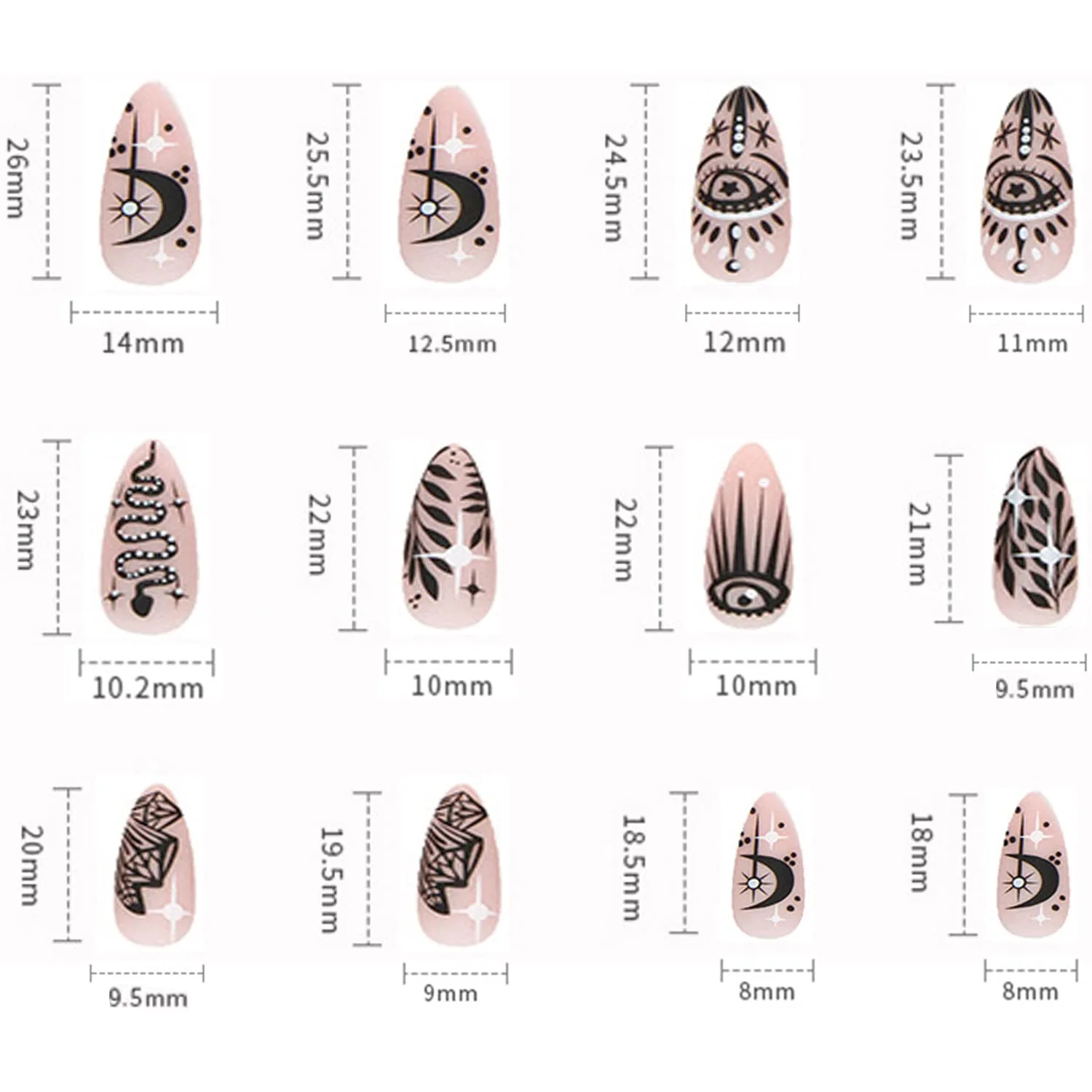 24PCS Full Cover Reusable Glossy False Nails Kits, Press on Nails Pointed Medium Length with Black Leaf Eyes Designs Artificial Fingernails Acrylic Fake Nails for Women Glue on Nails Almond Shape