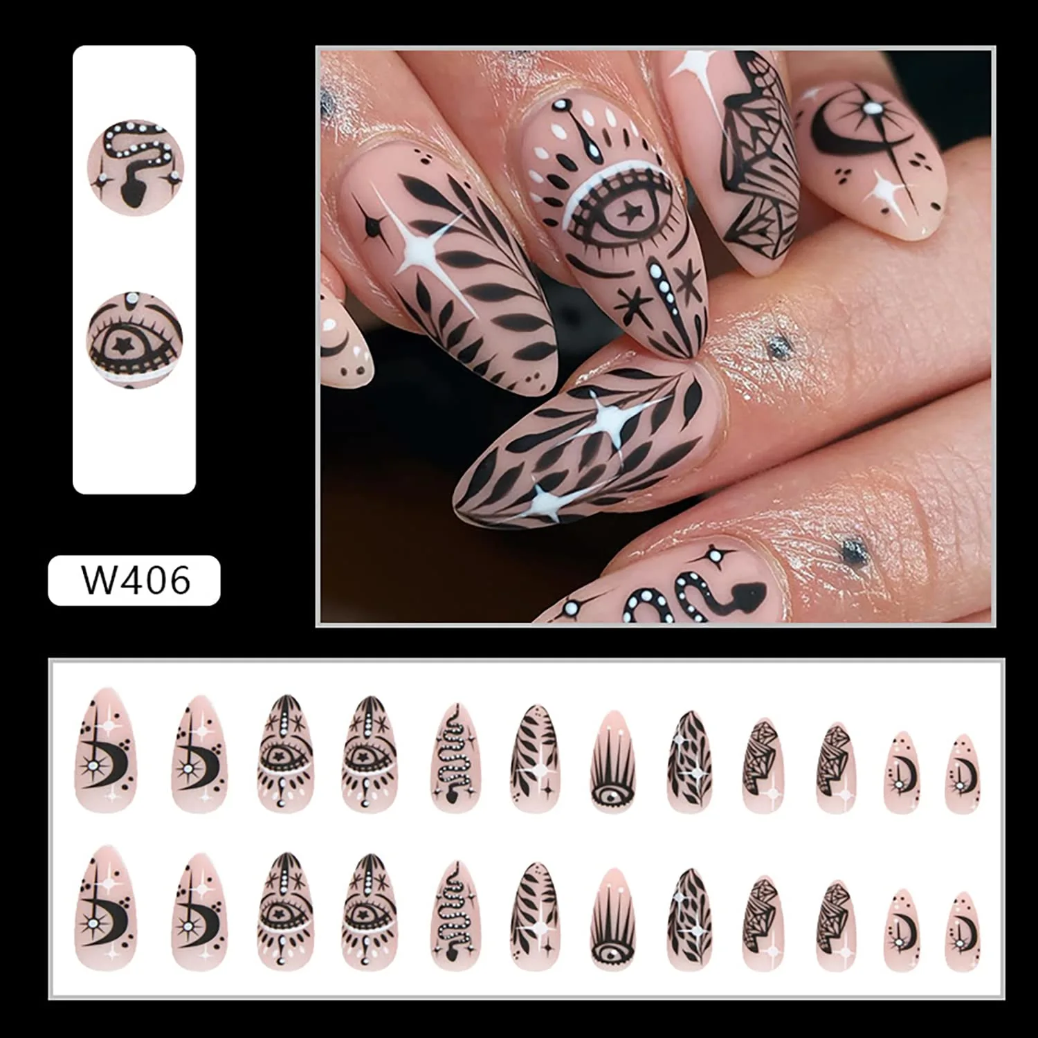 24PCS Full Cover Reusable Glossy False Nails Kits, Press on Nails Pointed Medium Length with Black Leaf Eyes Designs Artificial Fingernails Acrylic Fake Nails for Women Glue on Nails Almond Shape